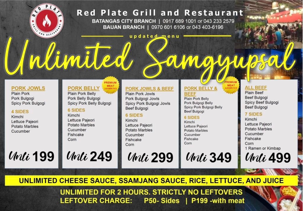 Red Plate Grill and Restaurant in Batangas Menu