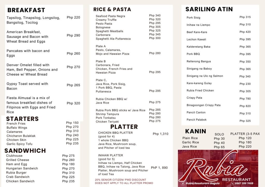 Rubia Restaurant Baguio Menu