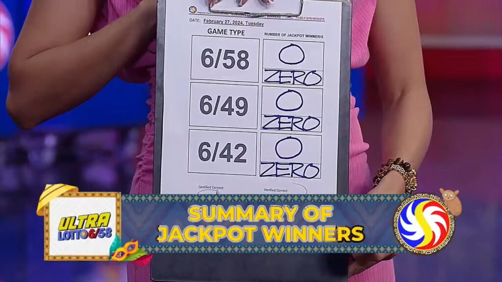 Winner updates according to PCSO Data Center, No winner for 6/58, No winner for 6/49 draw, and No winner for 6/42 draw.