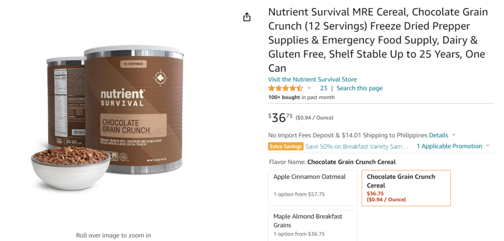 Nutrient Survival MRE Cereal, Chocolate Grain Crunch (12 Servings) Freeze Dried Prepper Supplies & Emergency Food Supply, Dairy & Gluten Free, Shelf Stable Up to 25 Years, One Can