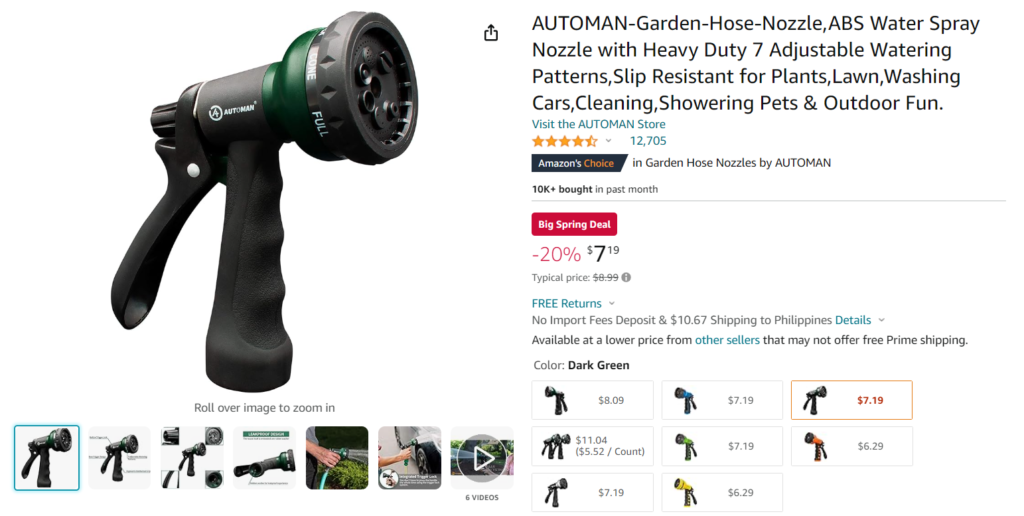 AUTOMAN-Garden-Hose-Nozzle,ABS Water Spray Nozzle with Heavy Duty 7 Adjustable Watering Patterns,Slip Resistant for Plants,Lawn,Washing Cars,Cleaning,Showering Pets & Outdoor Fun.