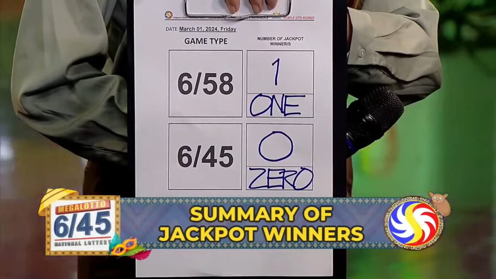 Winner updates according to PCSO Data Center, no winner for 6/45, and One winner for the 6/58 draw.