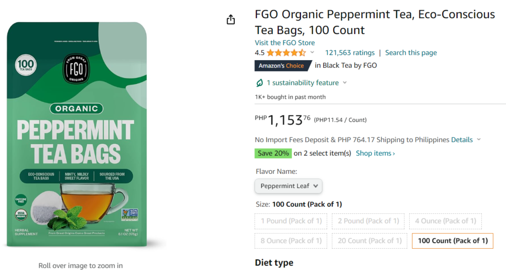 FGO Organic Peppermint Tea, Eco-Conscious Tea Bags, 100 Count