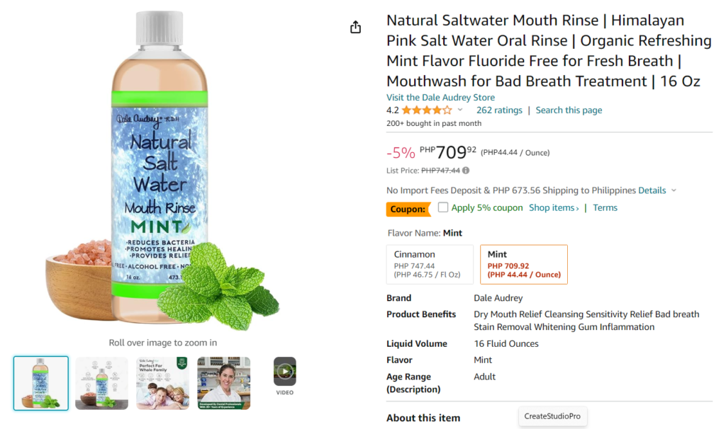 Natural Saltwater Mouth Rinse | Himalayan Pink Salt Water Oral Rinse | Organic Refreshing Mint Flavor Fluoride Free for Fresh Breath | Mouthwash for Bad Breath Treatment | 16 Oz